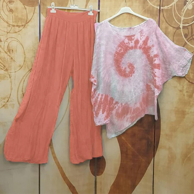 Summer Clothing In Winter - Tie-dye Crew Neck Printed Top Wide-leg