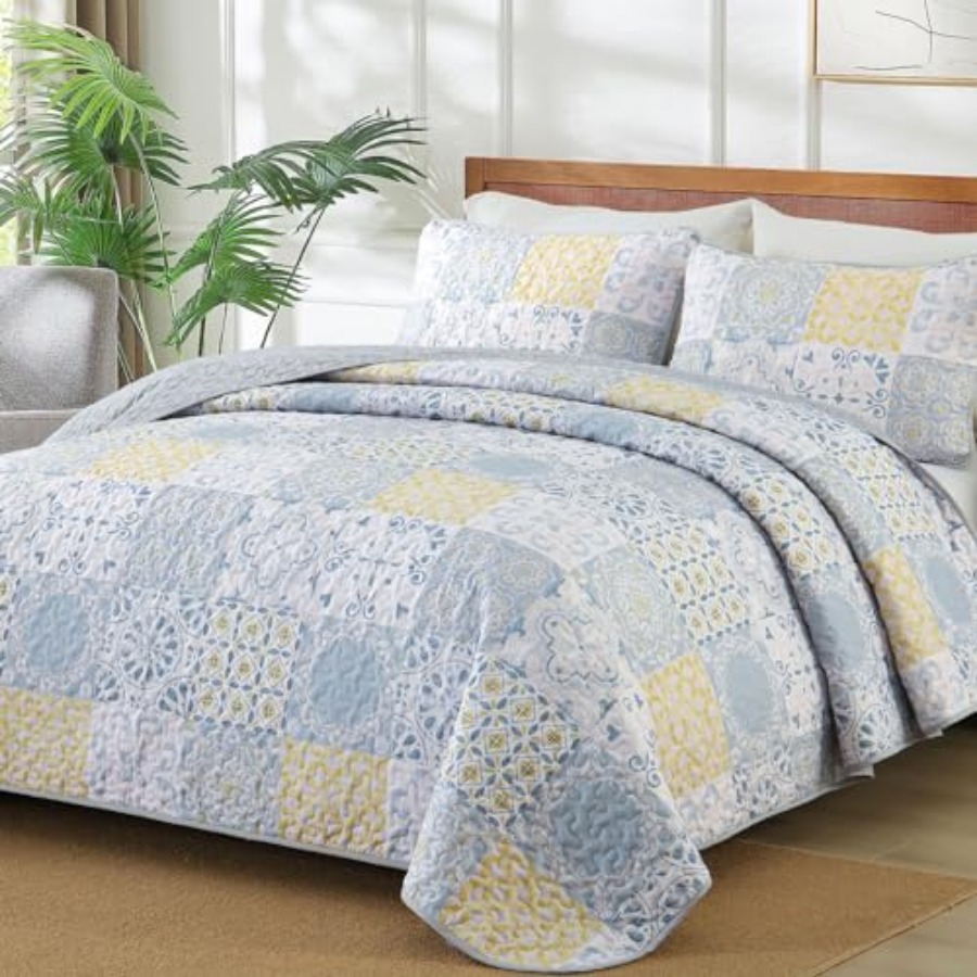 Summer Quilt - Quilt Set 3 Pieces Blue/Yellow/Grey Patchwork