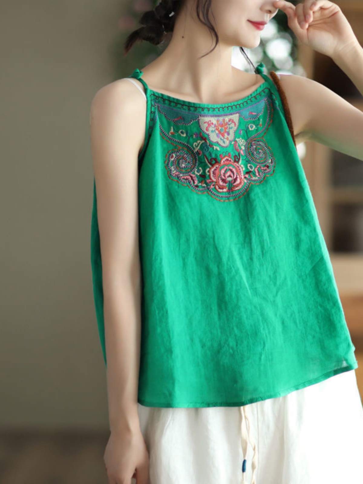 Crop Blouse Linen - Women's Cotton Linen Crop Top Strap