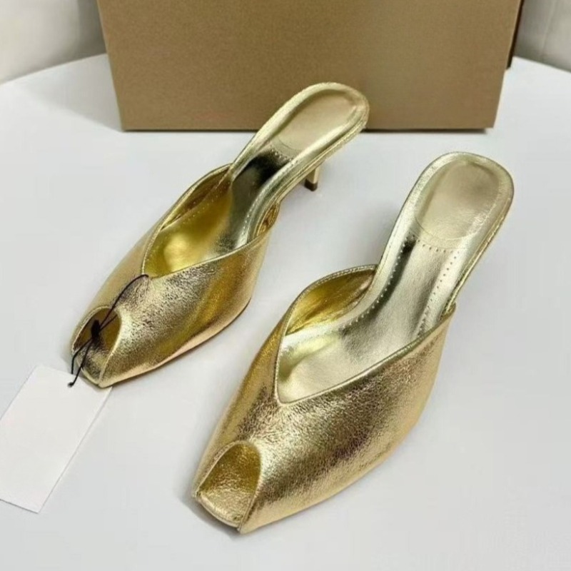 Summer Clothing Sale - Shiny Gold Women Mules Shoes Shallow