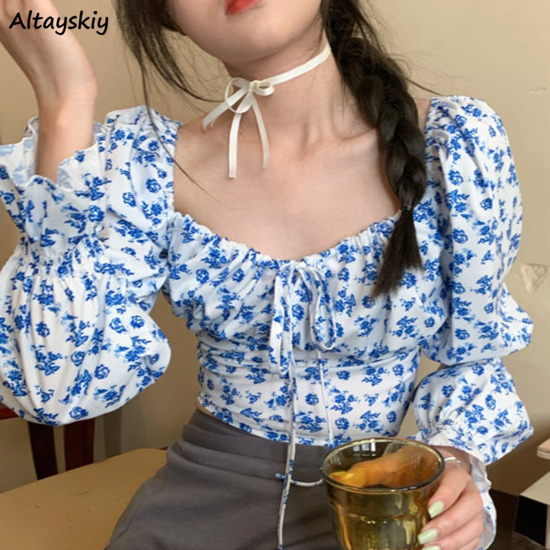 Floral Blouses Women Puff Slee - Crop Blouse Linen reseña y precio
