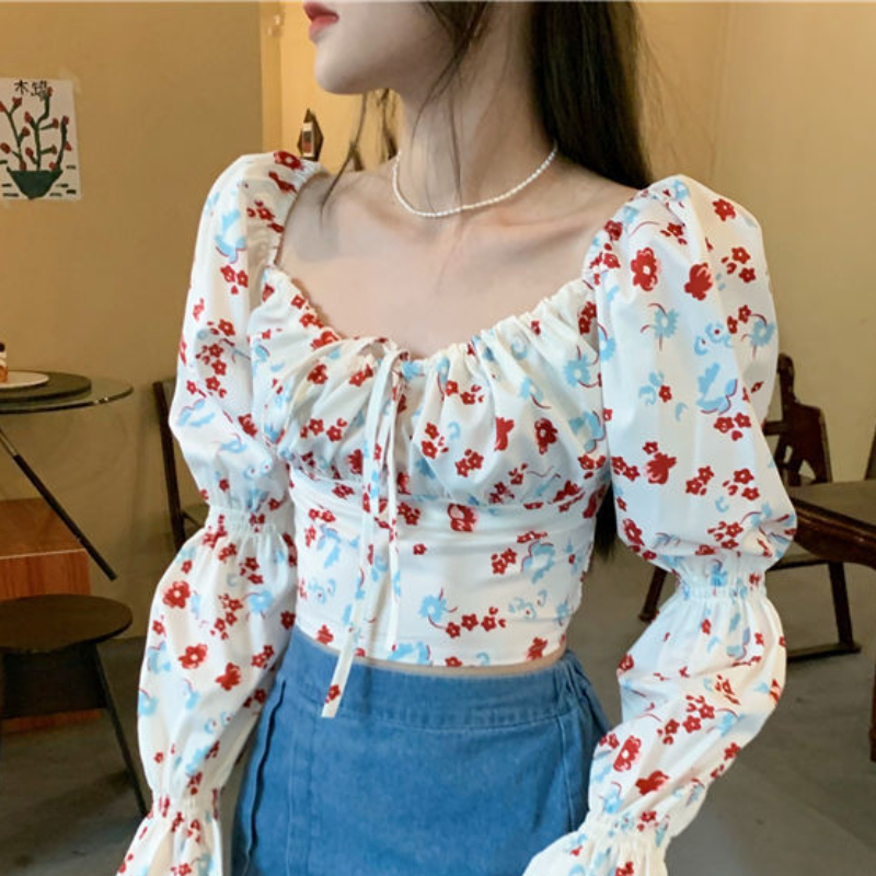 Floral Blouses Women Puff Slee - Crop Blouse Linen reseña y precio