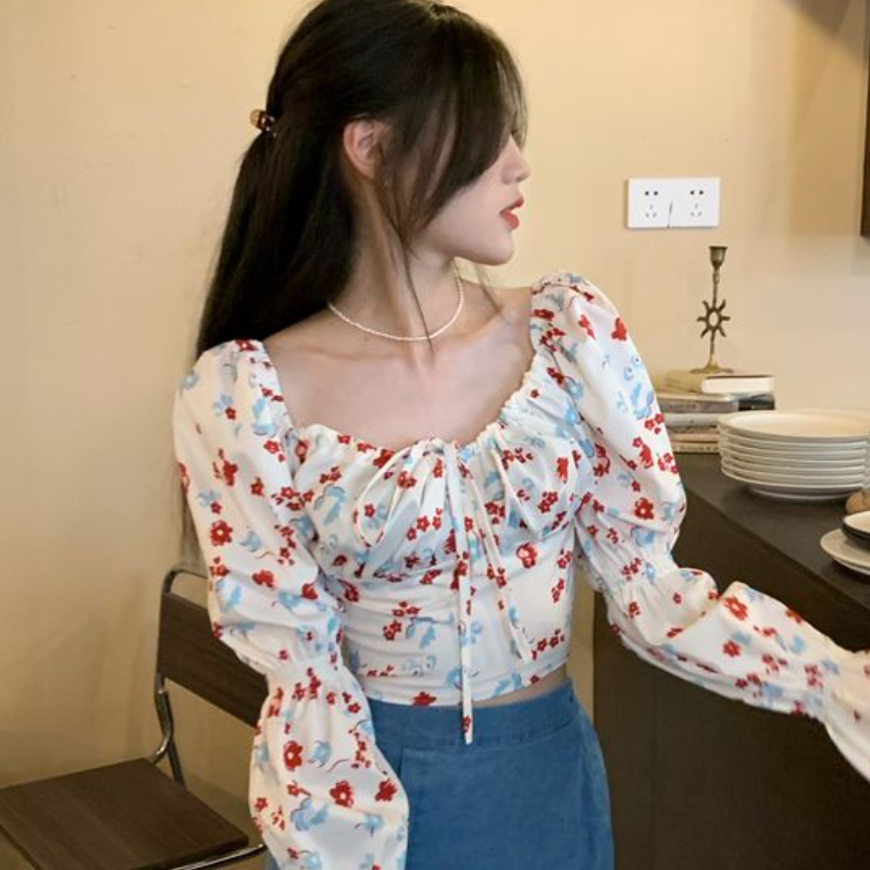 Floral Blouses Women Puff Slee - Crop Blouse Linen reseña y precio