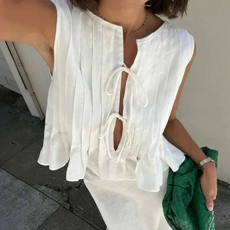 Linen Cotton Pleated Lace Up S - Crop Blouse Linen reseña y precio