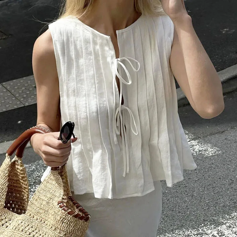 Linen Cotton Pleated Lace Up S - Crop Blouse Linen reseña y precio