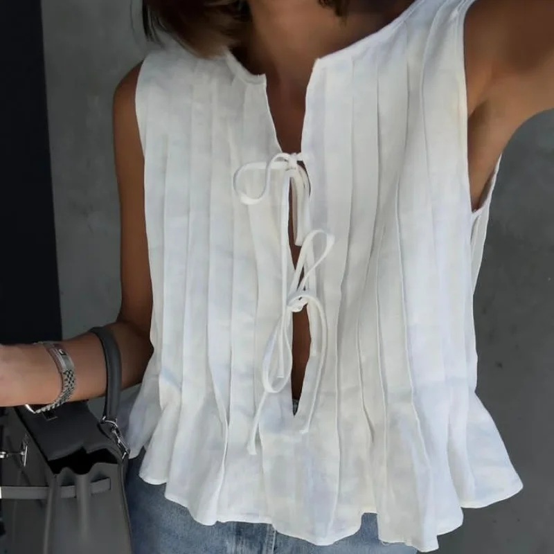 Linen Cotton Pleated Lace Up S - Crop Blouse Linen reseña y precio