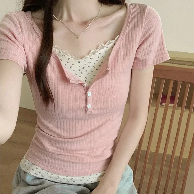 New Women's Lace Spliced Ribbe - Crop Blouse Linen reseña y precio
