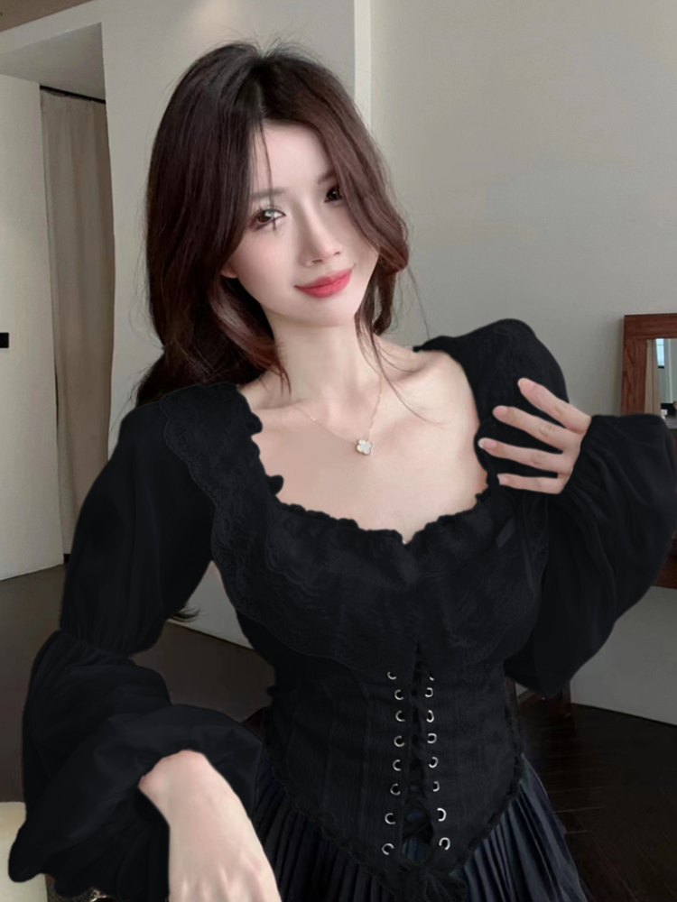 Solid Blouse Women Lace-up Cro - Crop Blouse Linen reseña y precio
