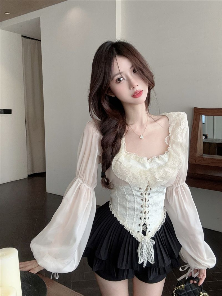 Solid Blouse Women Lace-up Cro - Crop Blouse Linen reseña y precio