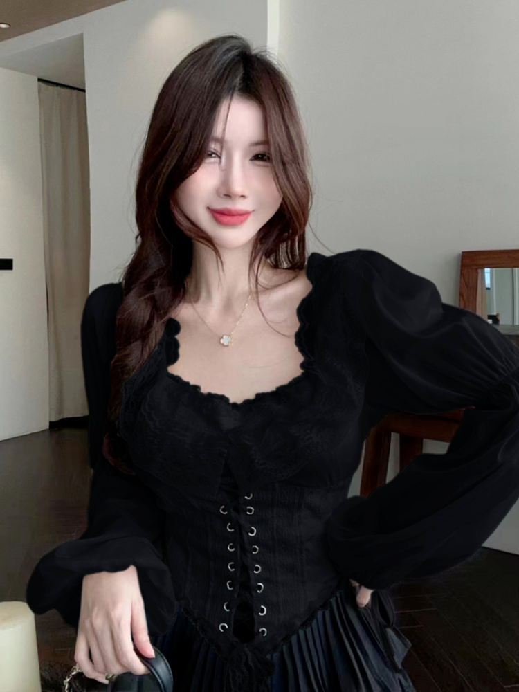 Solid Blouse Women Lace-up Cro - Crop Blouse Linen reseña y precio