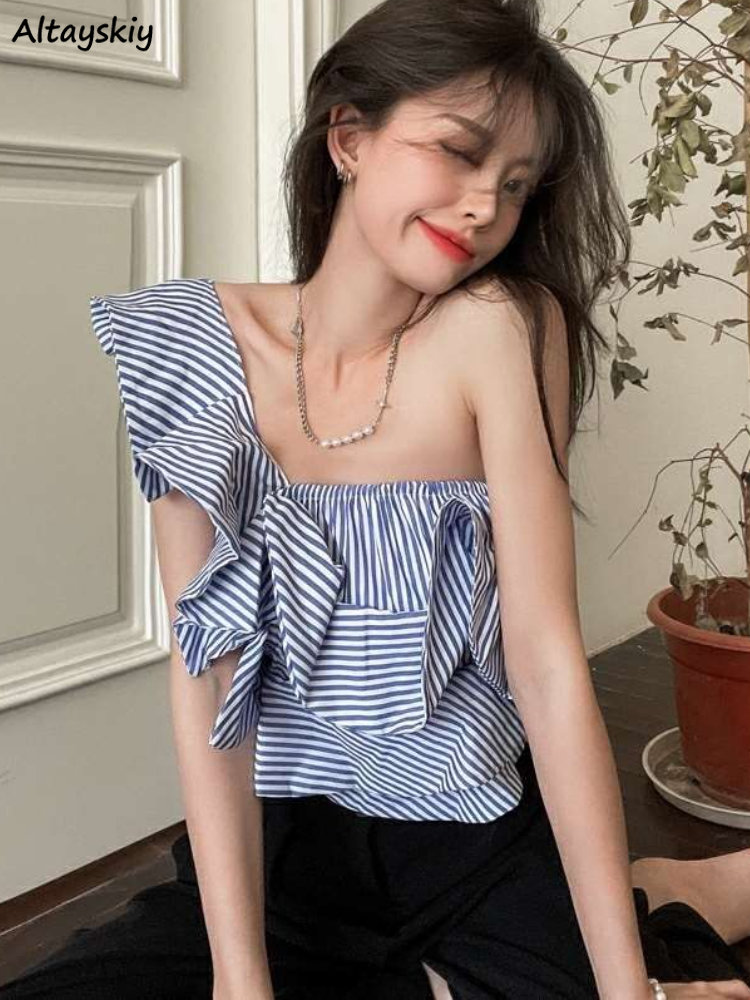 Blouses Women Summer Blue Stri - Crop Blouse Linen reseña y precio
