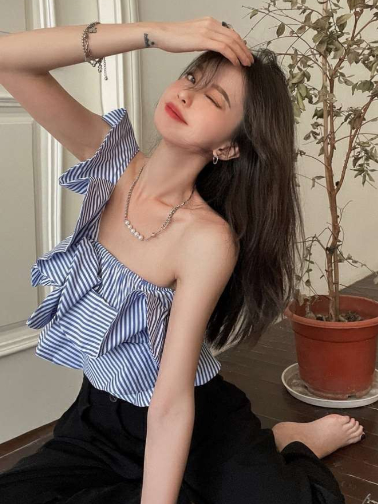 Blouses Women Summer Blue Stri - Crop Blouse Linen reseña y precio