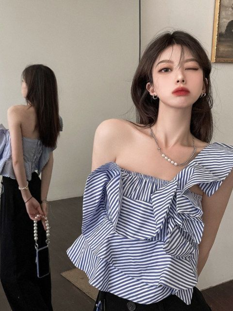 Blouses Women Summer Blue Stri - Crop Blouse Linen reseña y precio