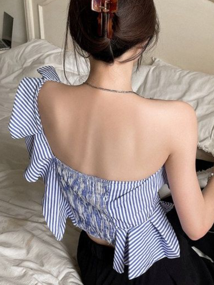 Blouses Women Summer Blue Stri - Crop Blouse Linen reseña y precio