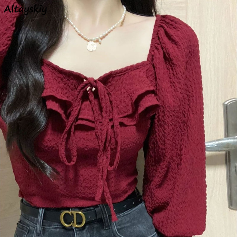 Red Blouses Lace Up Casual Vin - Crop Blouse Linen reseña y precio