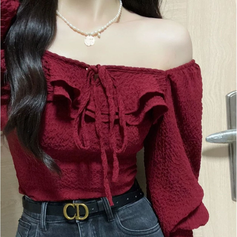 Red Blouses Lace Up Casual Vin - Crop Blouse Linen reseña y precio