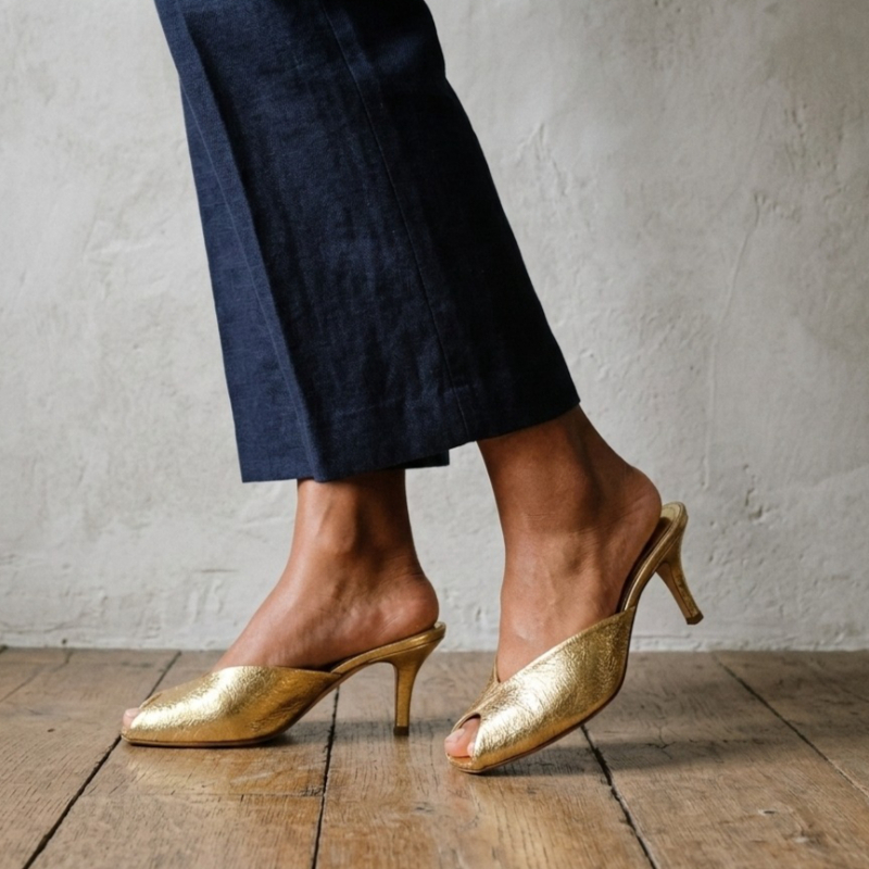 Shiny Gold Women Mules Shoes S - Summer Clothing Sale reseña y precio